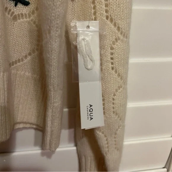 Aqua Cashmere Tulip Floral Embroidered Cashmere Sweater Cream/Pink Size Small - Picture 7 of 9